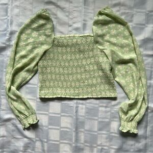 Twik from Simons Puff Sleeve Smocked Green Daisy Print Cropped Top